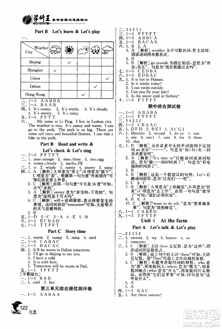 春雨教育2019春實(shí)驗(yàn)班提優(yōu)訓(xùn)練英語(yǔ)四年級(jí)下冊(cè)RMPEP人教版參考答案