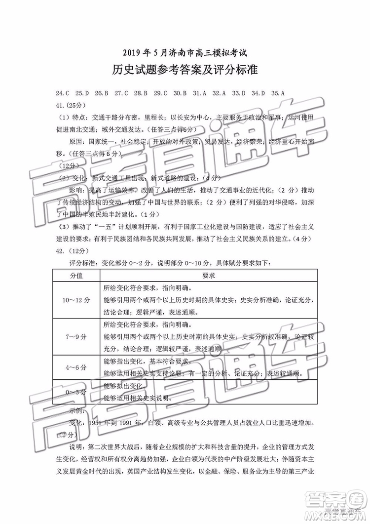 2019年濟南二模文理綜試題及參考答案