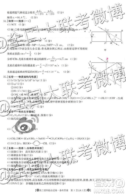 2019年5月金太陽大聯(lián)考文理綜答案 ????