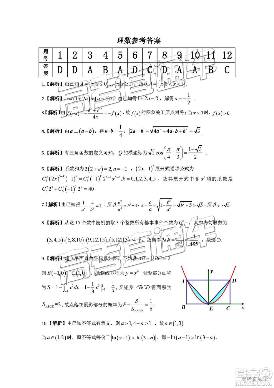 2019年皖江聯(lián)盟最后一卷理科數(shù)學(xué)試題及參考答案