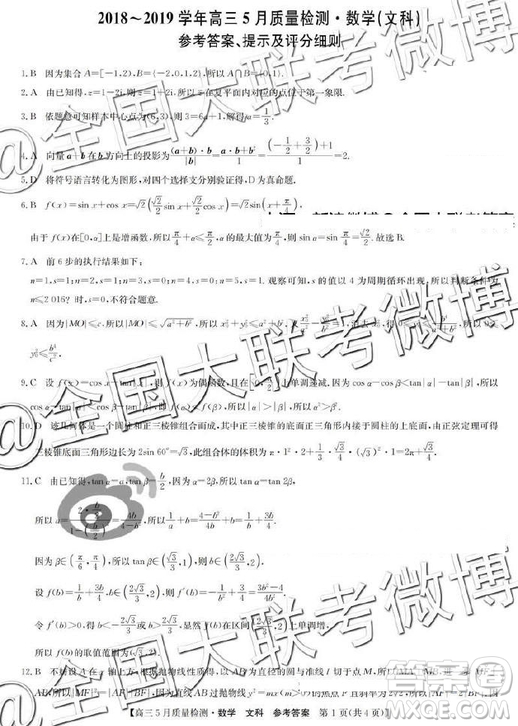 2019年5月九師聯(lián)盟質(zhì)量檢測文理數(shù)答案 ????