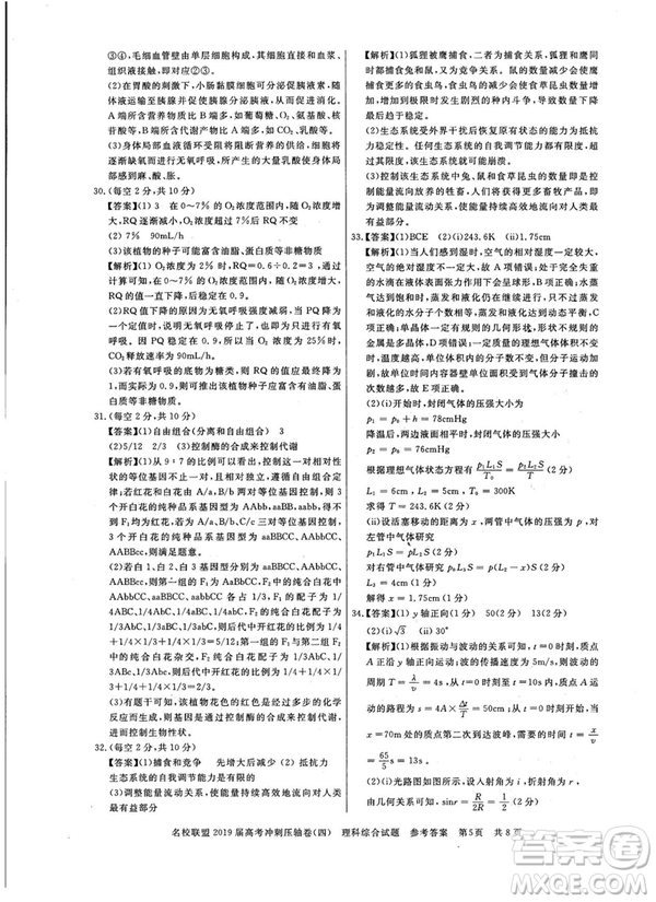 2019年河南名校聯(lián)盟高考沖刺壓軸卷四文理綜試題答案