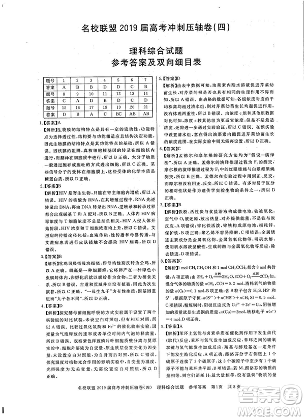 2019年河南名校聯(lián)盟高考沖刺壓軸卷四文理綜試題答案