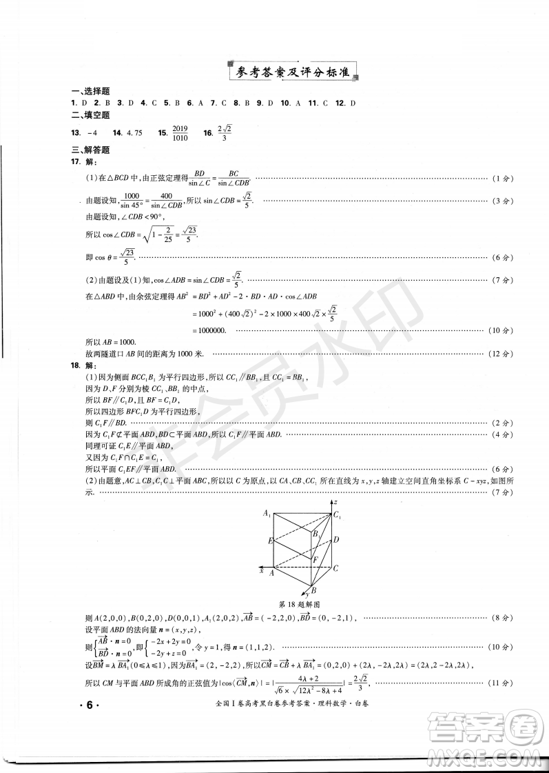 2019年全國Ⅰ卷高考黑白卷試題答案