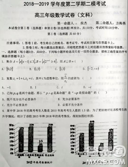 2019年河北省衡水二模考試文數(shù)試卷答案