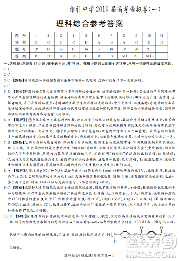 2019年雅禮一模理綜試題及答案