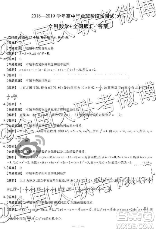 2019年天一大聯(lián)考六全國(guó)版Q版文理數(shù)參考答案