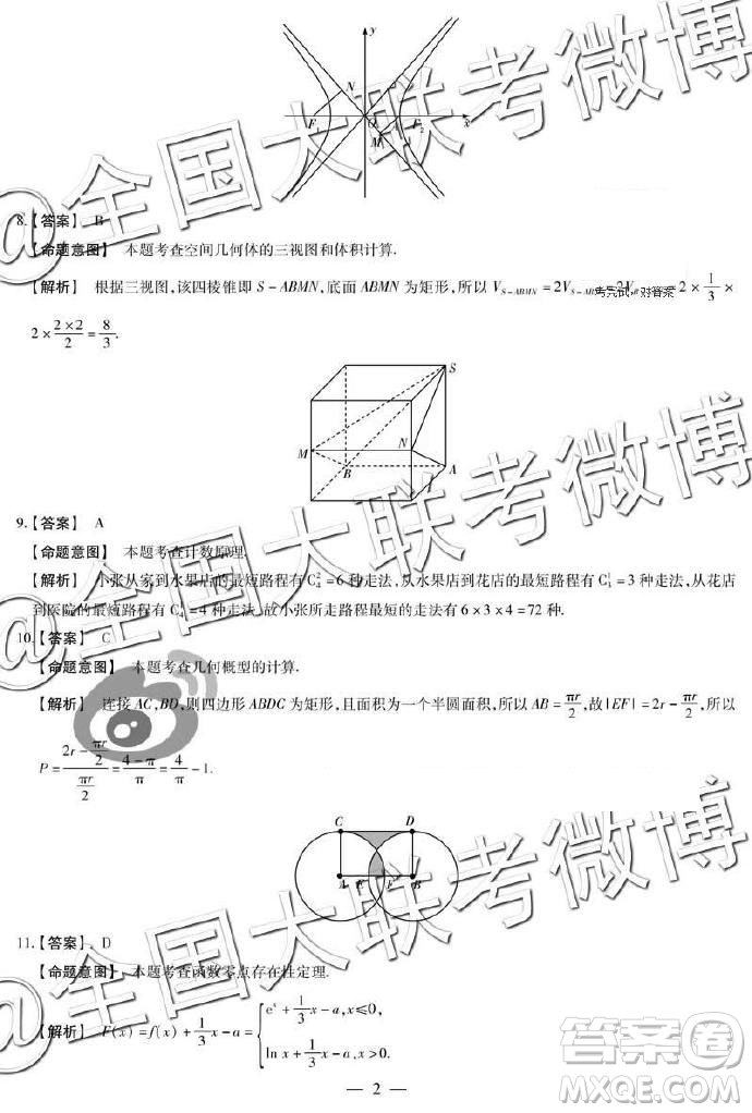 2019年天一大聯(lián)考六全國(guó)版Q版文理數(shù)參考答案