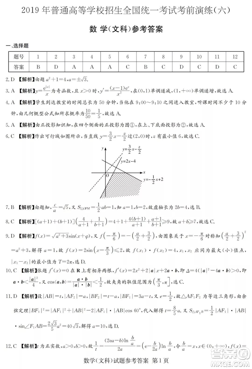 2019年普通高等學校招生全國統(tǒng)一考試考前演練六文理數(shù)試題及答案