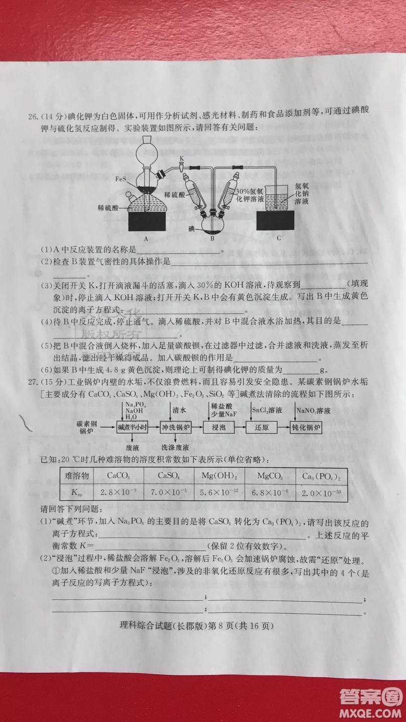 炎德英才大聯(lián)考長郡中學(xué)2019屆高考模擬卷一理科綜合試題及答案