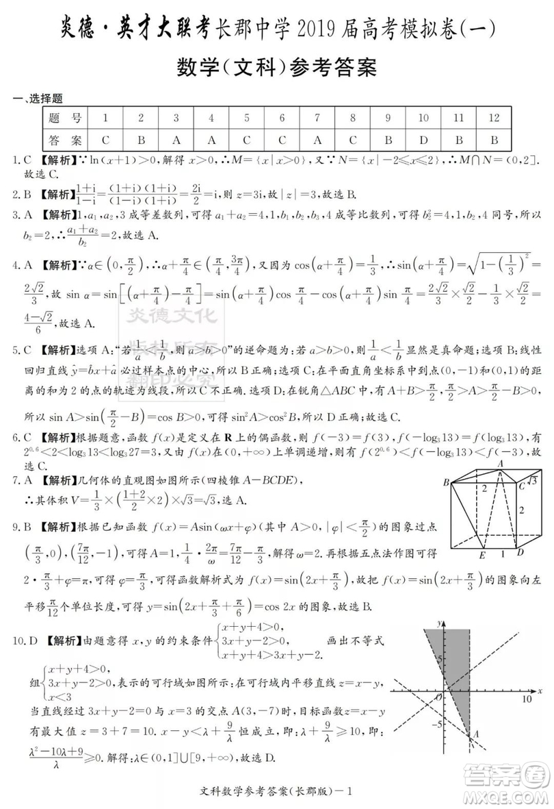 炎德英才大聯(lián)考長郡中學(xué)2019屆高考模擬卷一文理數(shù)試題及答案