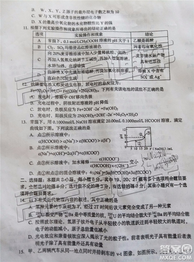 2019年葫蘆島市二模理綜試題及參考答案