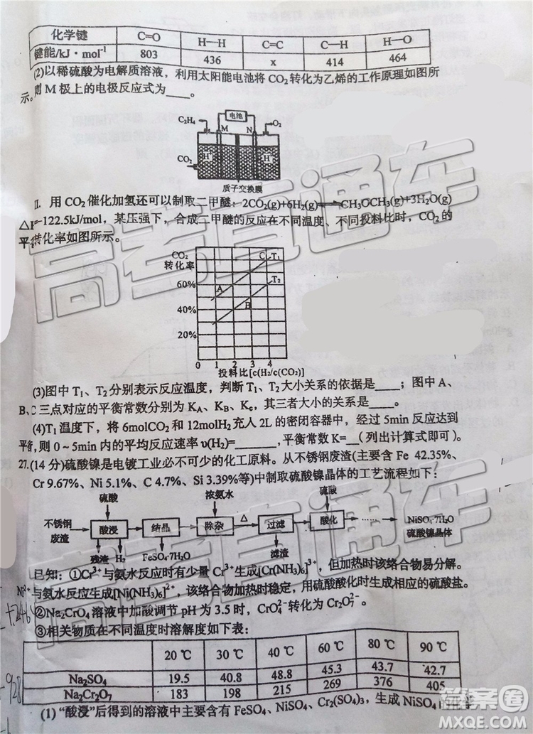 2019年葫蘆島市二模理綜試題及參考答案