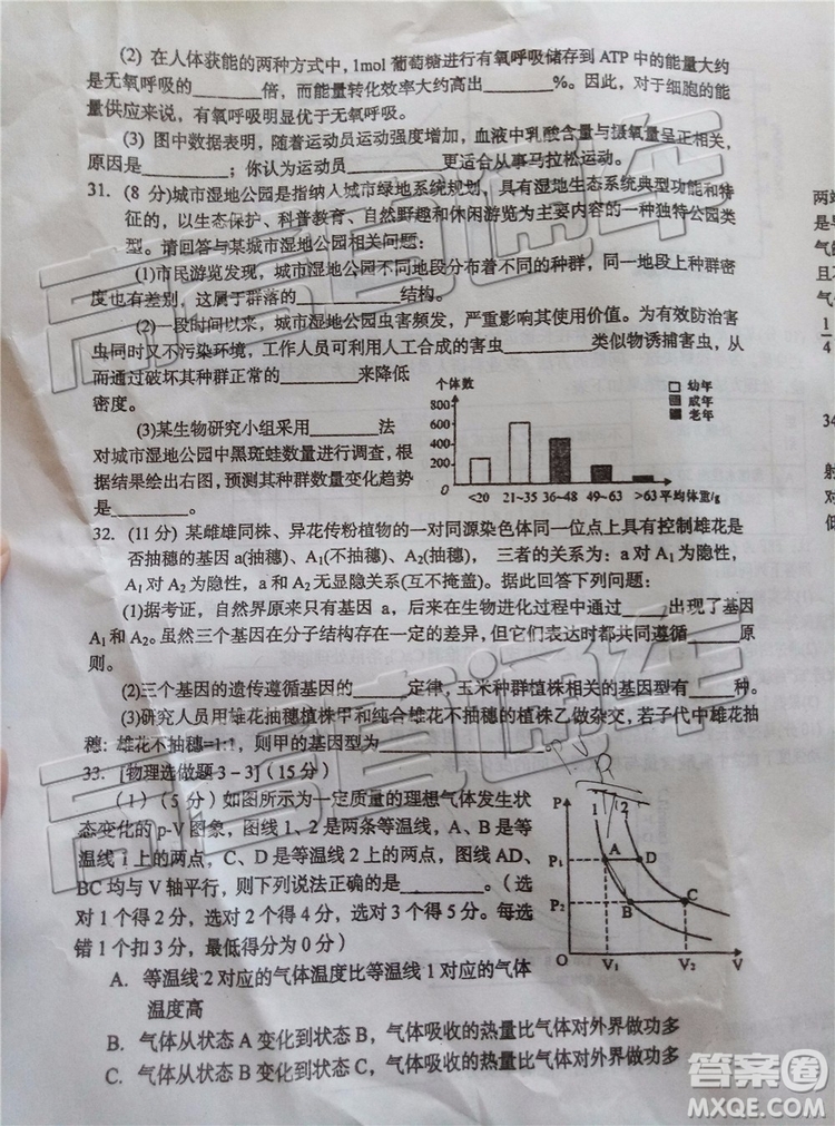 2019年葫蘆島市二模理綜試題及參考答案