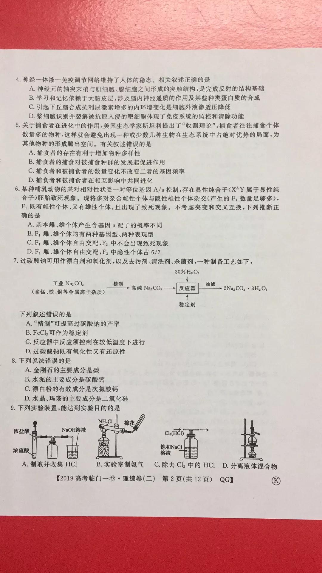 2019年普通高等學(xué)校招生全國統(tǒng)一考試臨門一卷二文理綜試題及答案