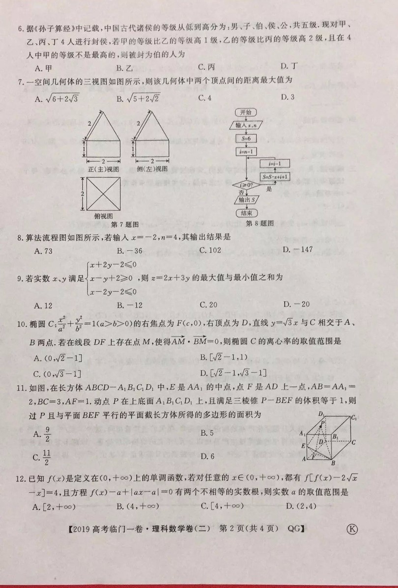 2019年普通高等學校招生全國統(tǒng)一考試臨門一卷二文理數試題及答案