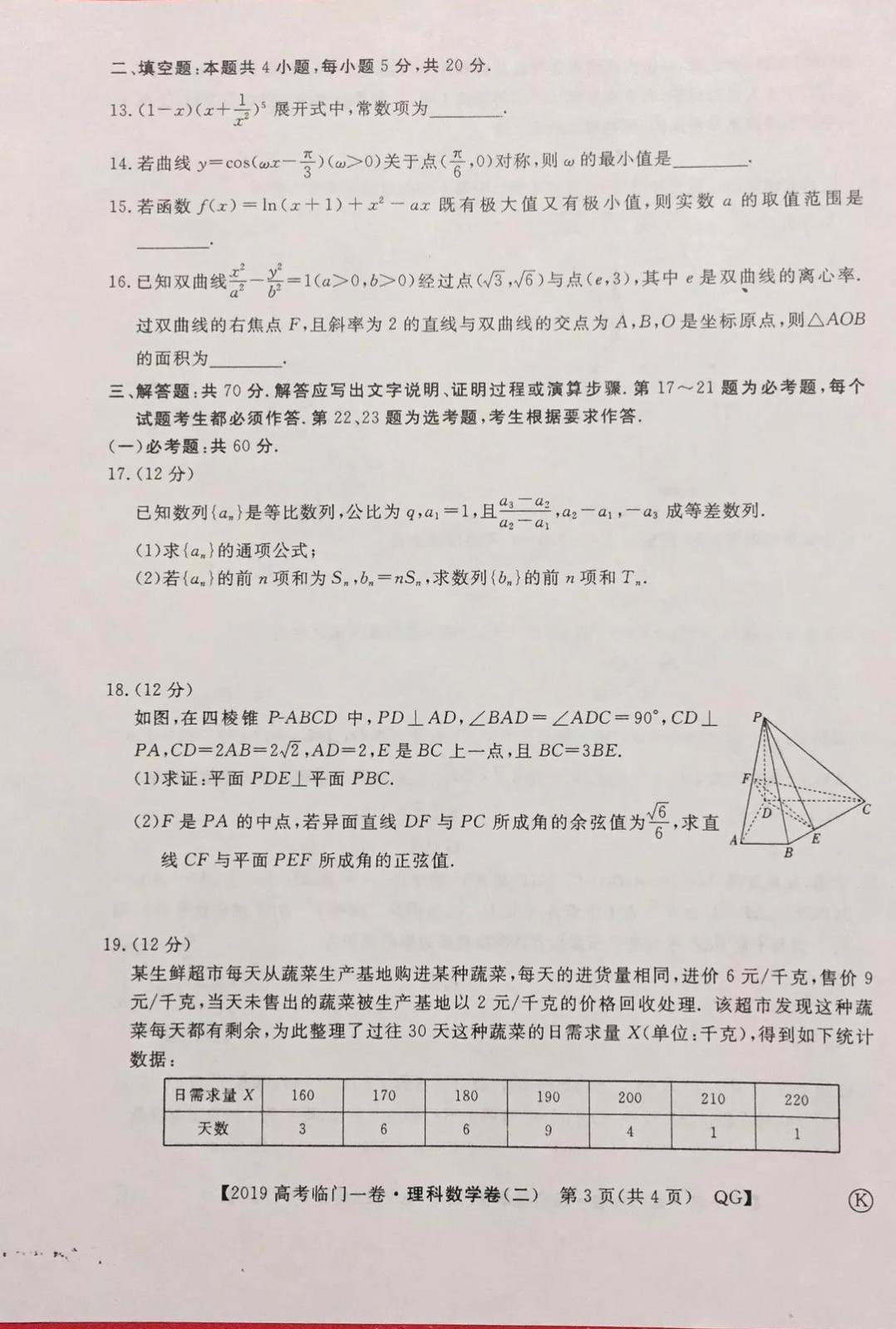 2019年普通高等學校招生全國統(tǒng)一考試臨門一卷二文理數試題及答案