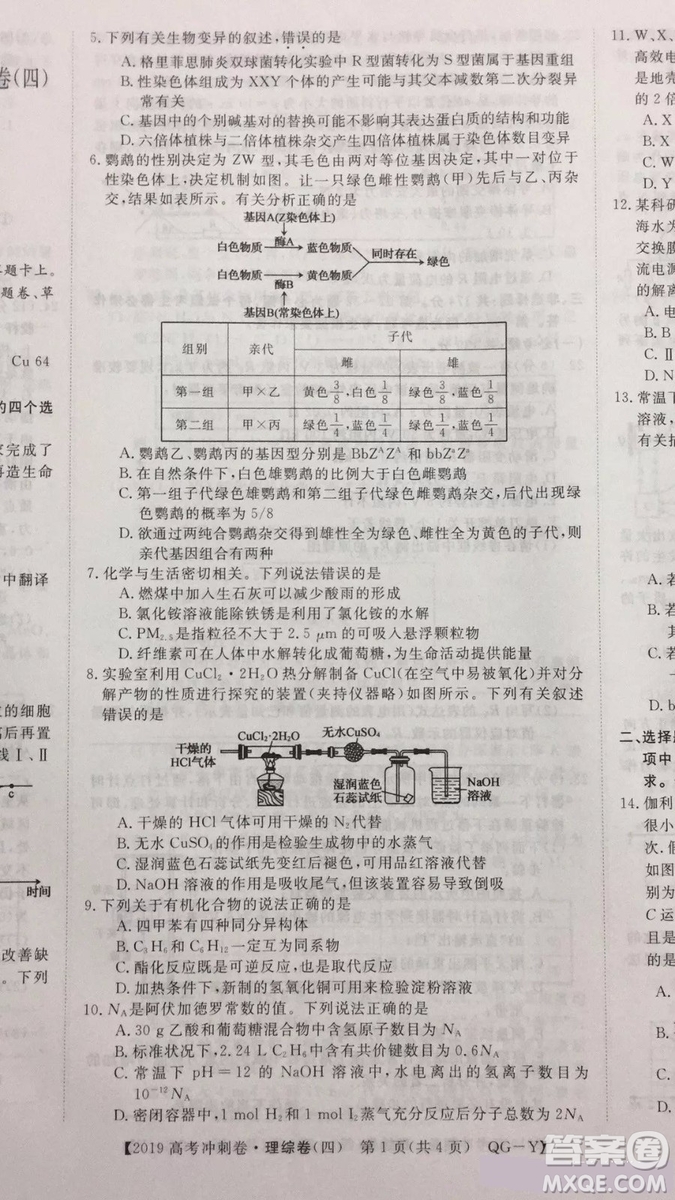 2019年普通高等學(xué)校招生全國統(tǒng)一考試沖刺預(yù)測卷四理科綜合試題及答案