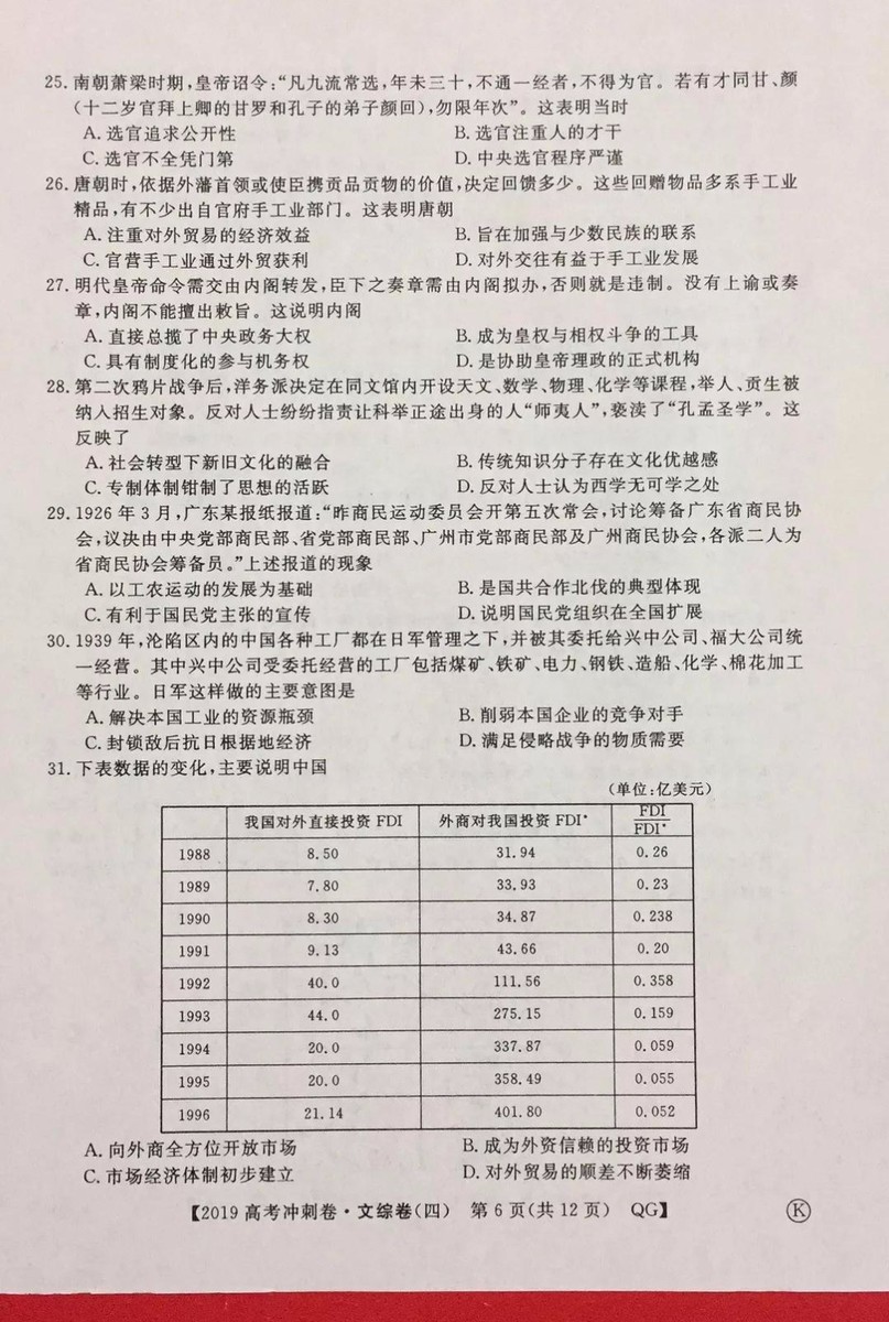 2019年普通高等學(xué)校招生全國統(tǒng)一考試沖刺預(yù)測卷四文科綜合試題及答案