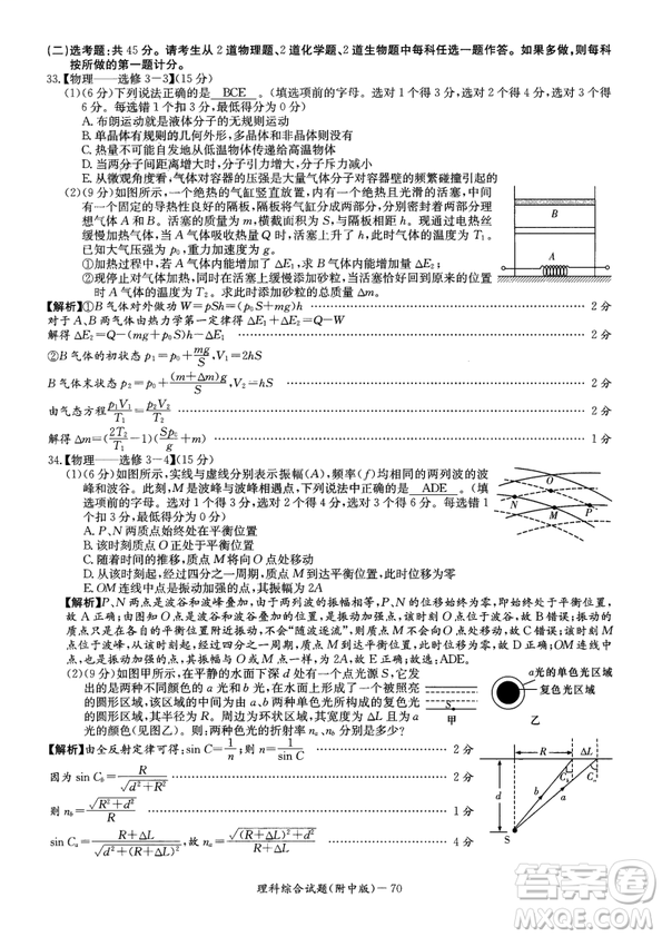 2019年湖南師大附中高考模擬卷一理綜試題答案