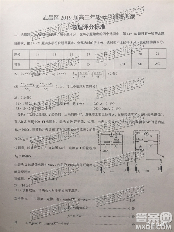 2019年武漢五月第二次調(diào)研考試理綜試題及答案