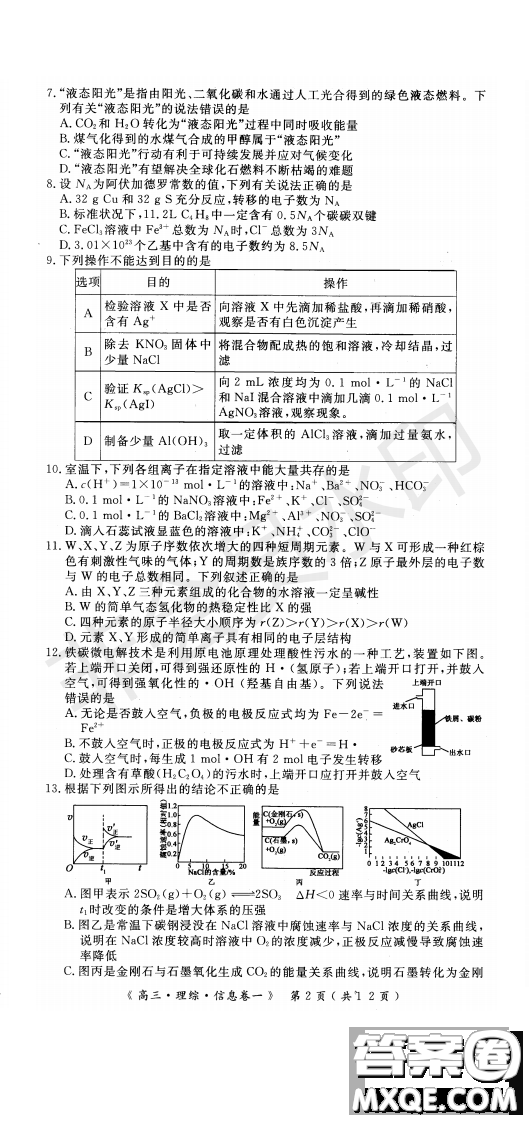 2019年學(xué)海園大聯(lián)考信息卷一理綜試題及答案