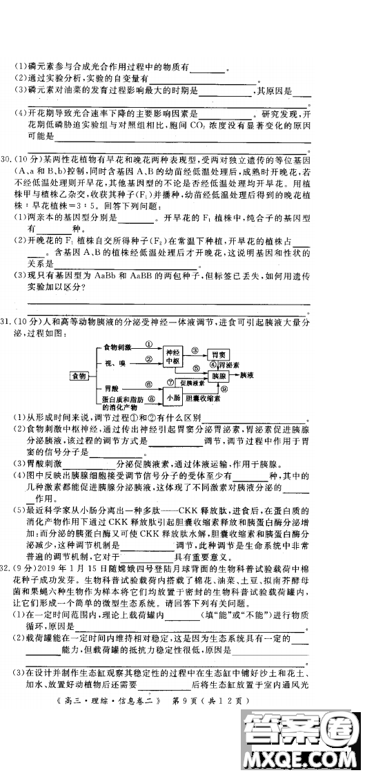 2019年學(xué)海園大聯(lián)考信息卷二理綜試題及答案