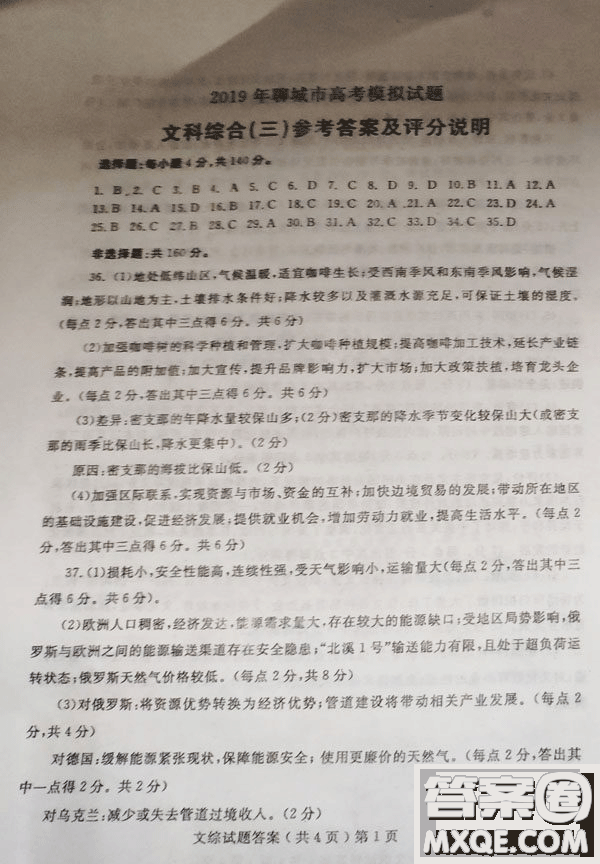 2019年聊城三模文綜參考答案