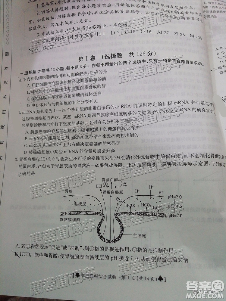 2019年5月24日金太陽(yáng)百校聯(lián)考文理綜試題及參考答案