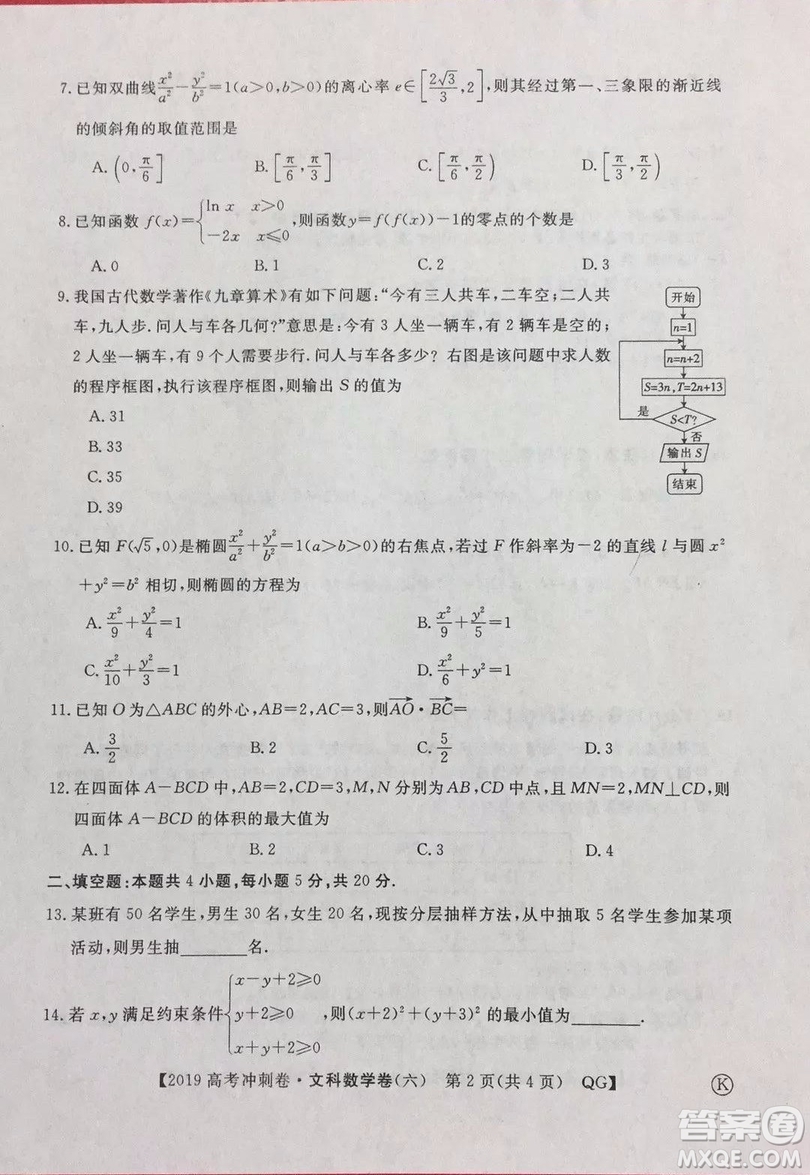 2019年普通高等學(xué)校招生全國統(tǒng)一考試沖刺預(yù)測卷六文理數(shù)試題及答案