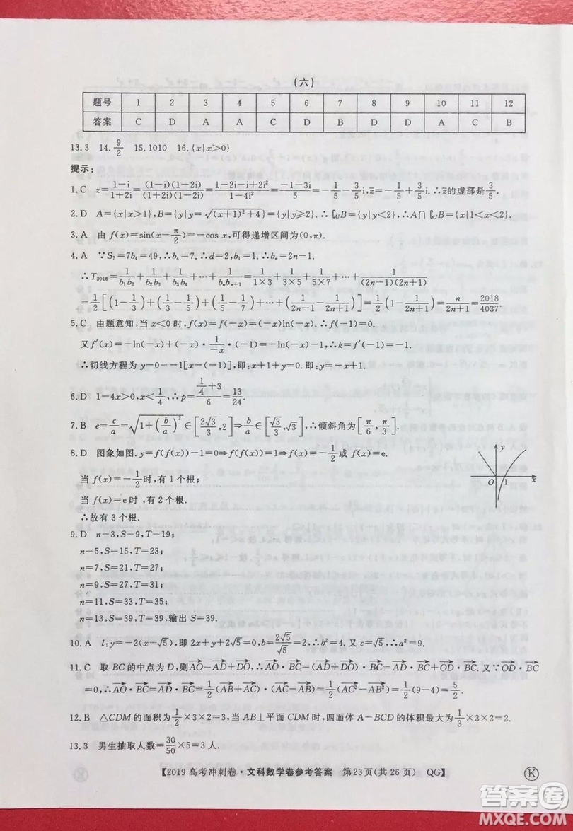 2019年普通高等學(xué)校招生全國統(tǒng)一考試沖刺預(yù)測卷六文理數(shù)試題及答案