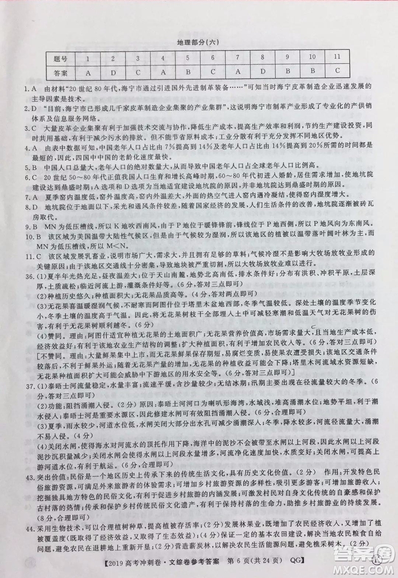 2019年普通高等學(xué)校招生全國(guó)統(tǒng)一考試沖刺預(yù)測(cè)卷六文理綜試題及答案