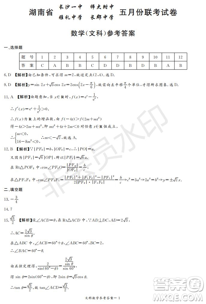 2019年湖南省長沙一中師大附中雅禮中學長郡中學五月聯(lián)考文數(shù)試卷答案