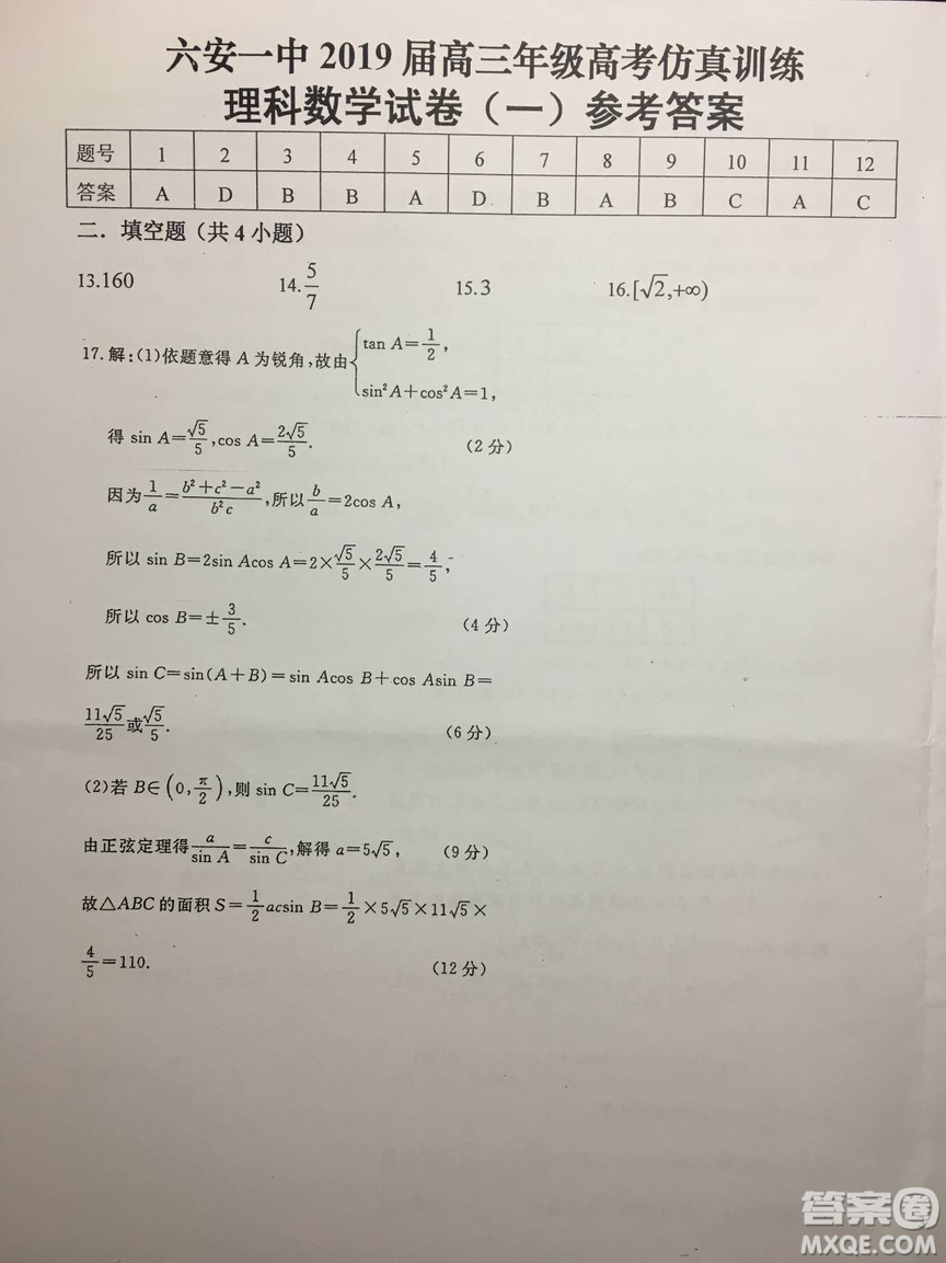 2019年安徽省六安一中高考仿真訓(xùn)練一文理數(shù)試題及答案