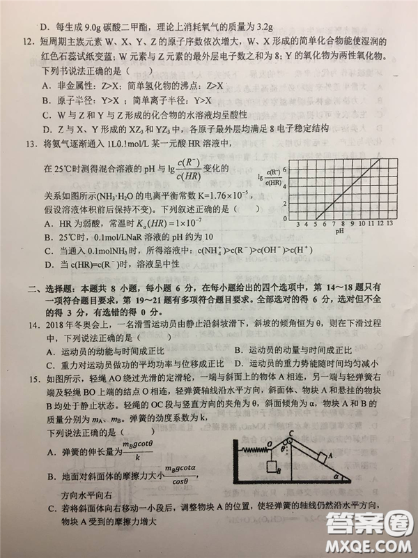 2019年安徽省六安一中高考仿真訓(xùn)練一文理綜試題及答案