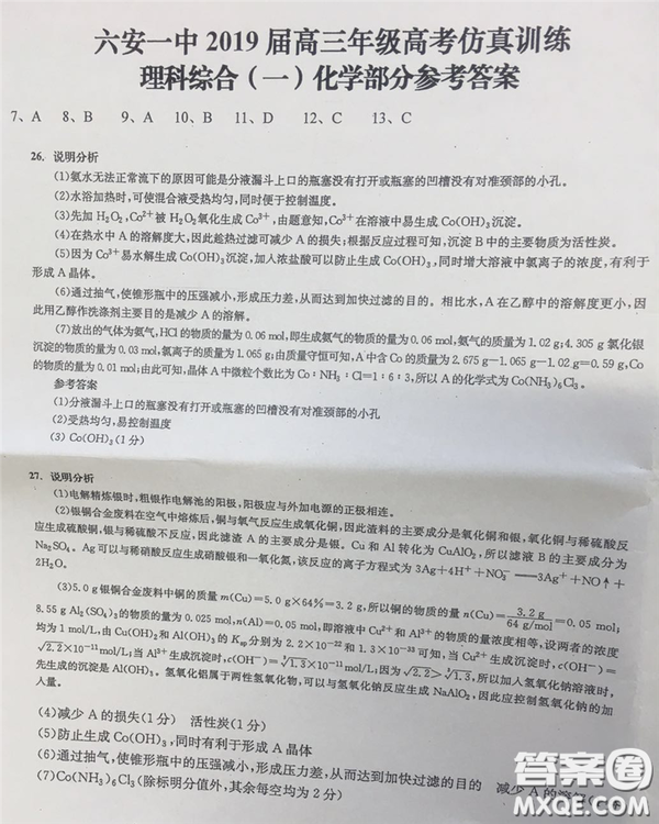 2019年安徽省六安一中高考仿真訓(xùn)練一文理綜試題及答案