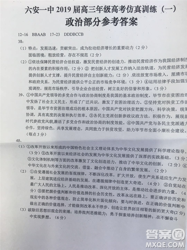 2019年安徽省六安一中高考仿真訓(xùn)練一文理綜試題及答案