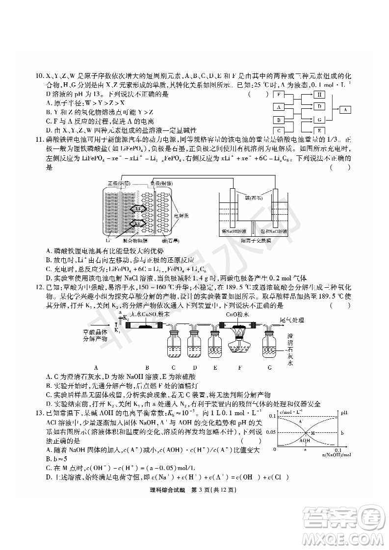 2019年5月河南名校高三壓軸第三次考試考試理綜試題及答案