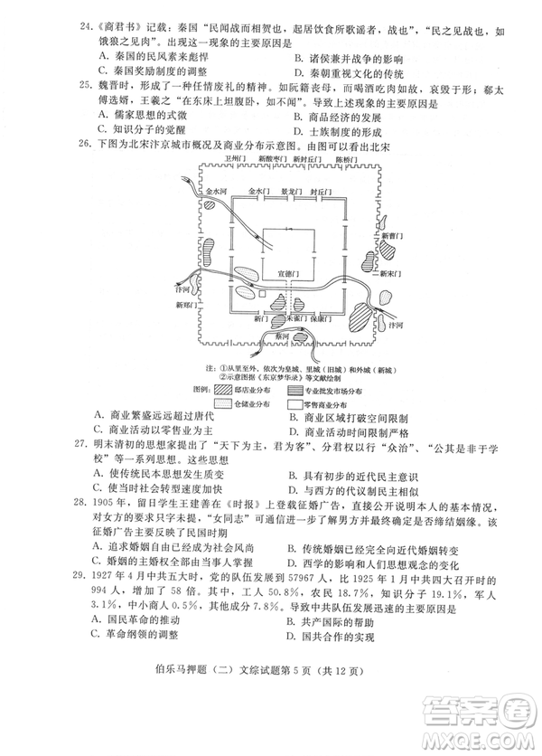 2019年伯樂馬普通高等學(xué)校招生全國統(tǒng)一押題考試二文綜試題及答案