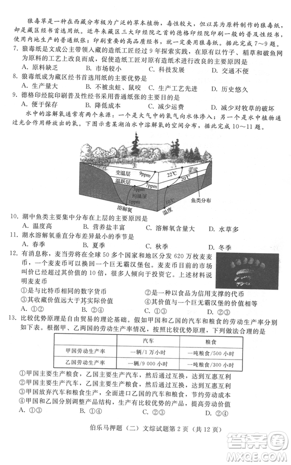 2019年伯樂馬普通高等學(xué)校招生全國統(tǒng)一押題考試二文綜試題及答案