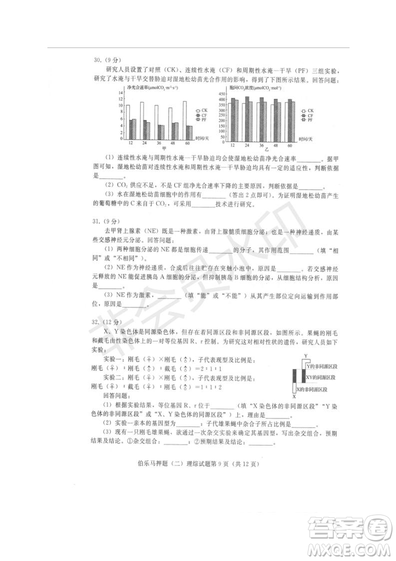 2019年伯樂馬普通高等學校招生全國統(tǒng)一押題考試二理綜試題及答案