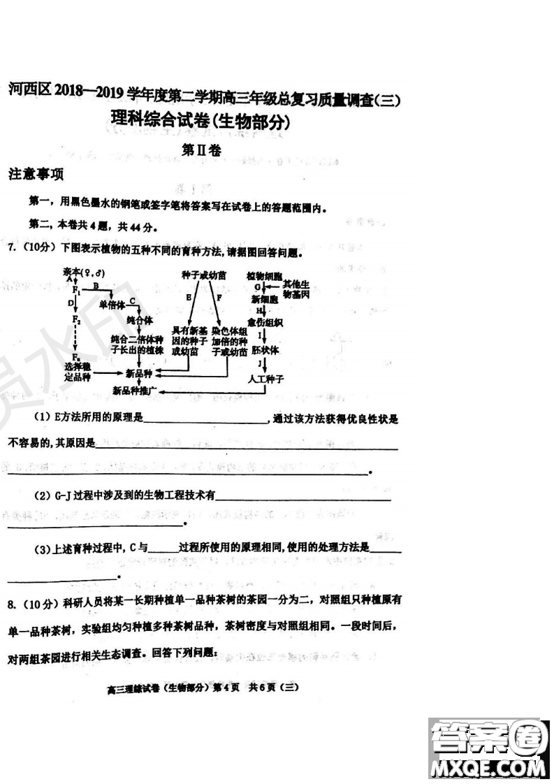 2019年天津河西三調(diào)理綜試題及答案