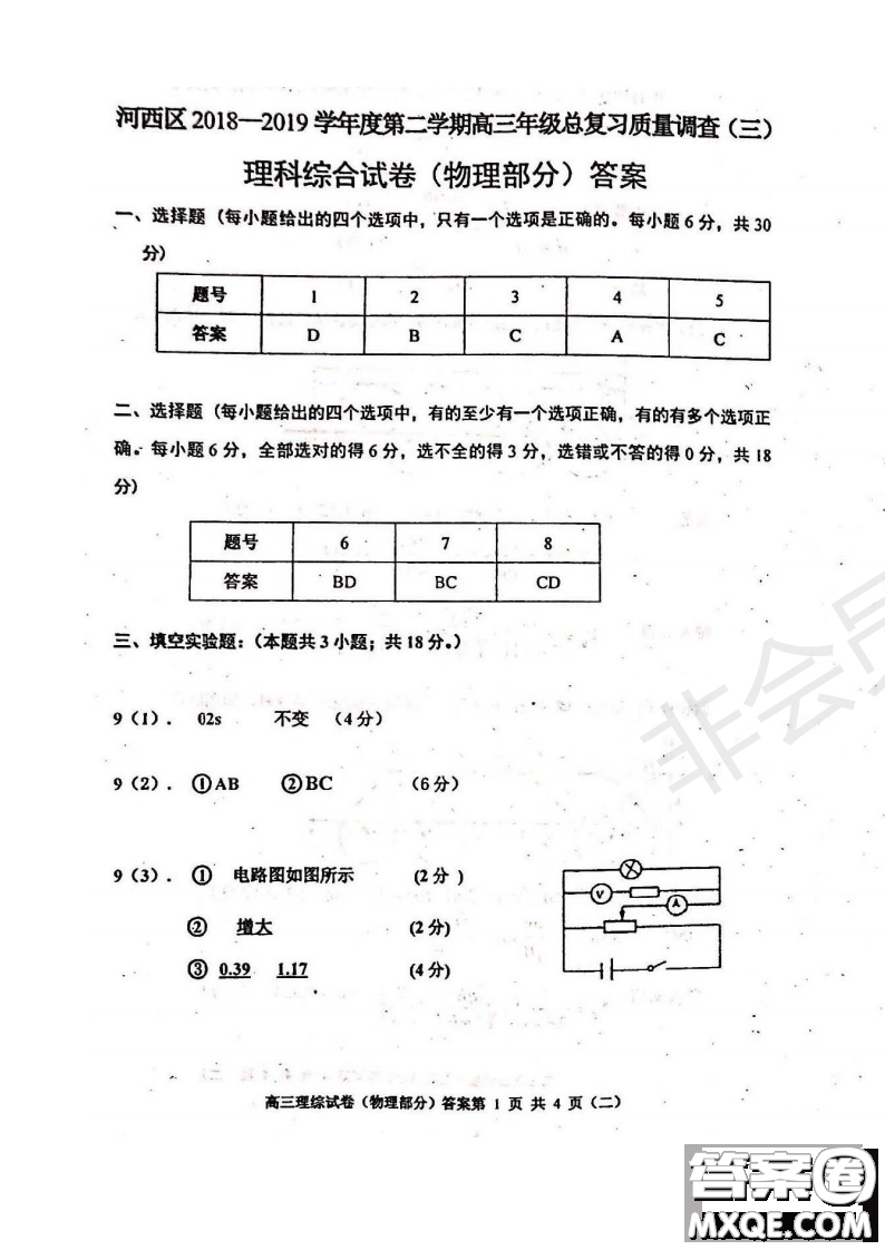 2019年天津河西三調(diào)理綜試題及答案