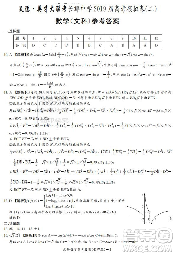 炎德英才大聯(lián)考長郡中學(xué)2019屆高考模擬卷二文數(shù)試題及答案