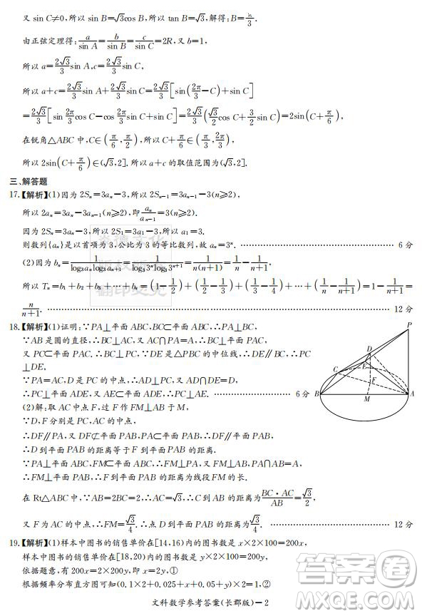 炎德英才大聯(lián)考長郡中學(xué)2019屆高考模擬卷二文數(shù)試題及答案