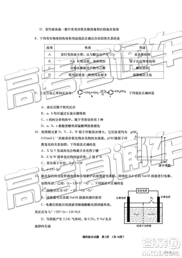 2019年青島三模理綜試題及答案