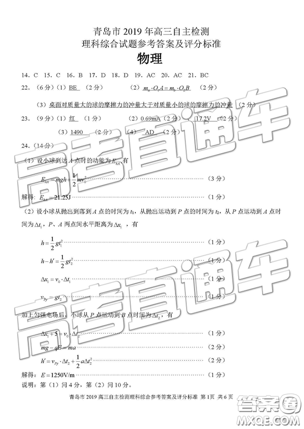 2019年青島三模理綜試題及答案