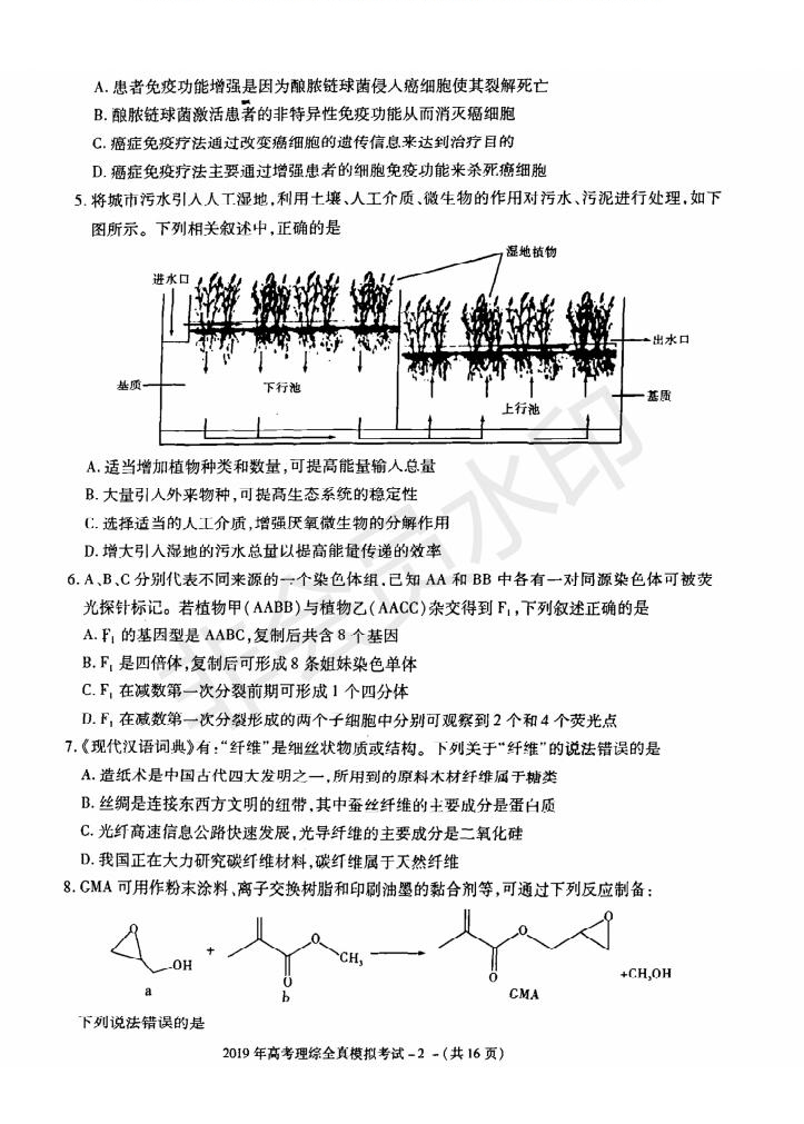 陜西省漢中市2019屆高三全真模擬考試?yán)砜凭C合試題及答案