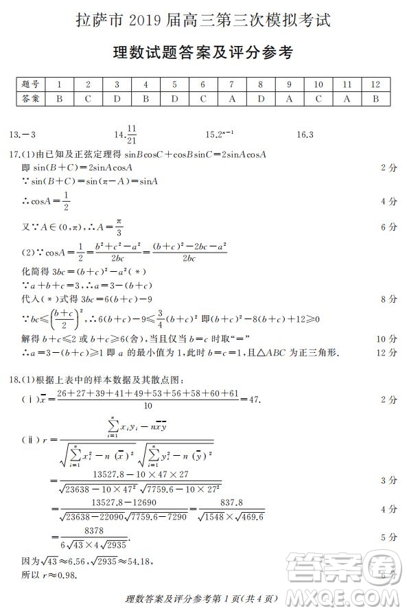 西藏拉薩市2019屆高三第三次模擬考試理數(shù)試題及參考答案