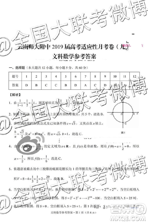 2019年云南師大附中第九次月考文理數(shù)答案